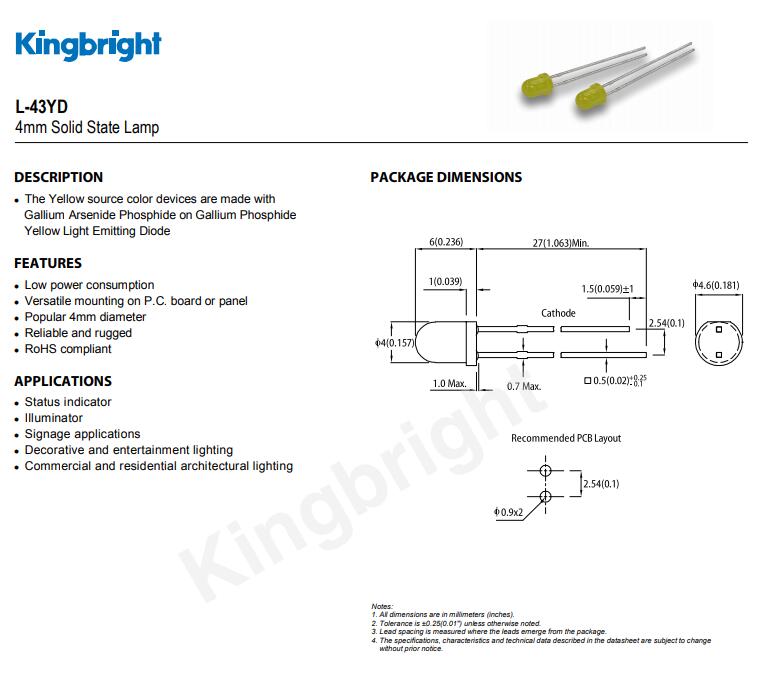 L-43YD Kingbright LED今臺發(fā)光二極管