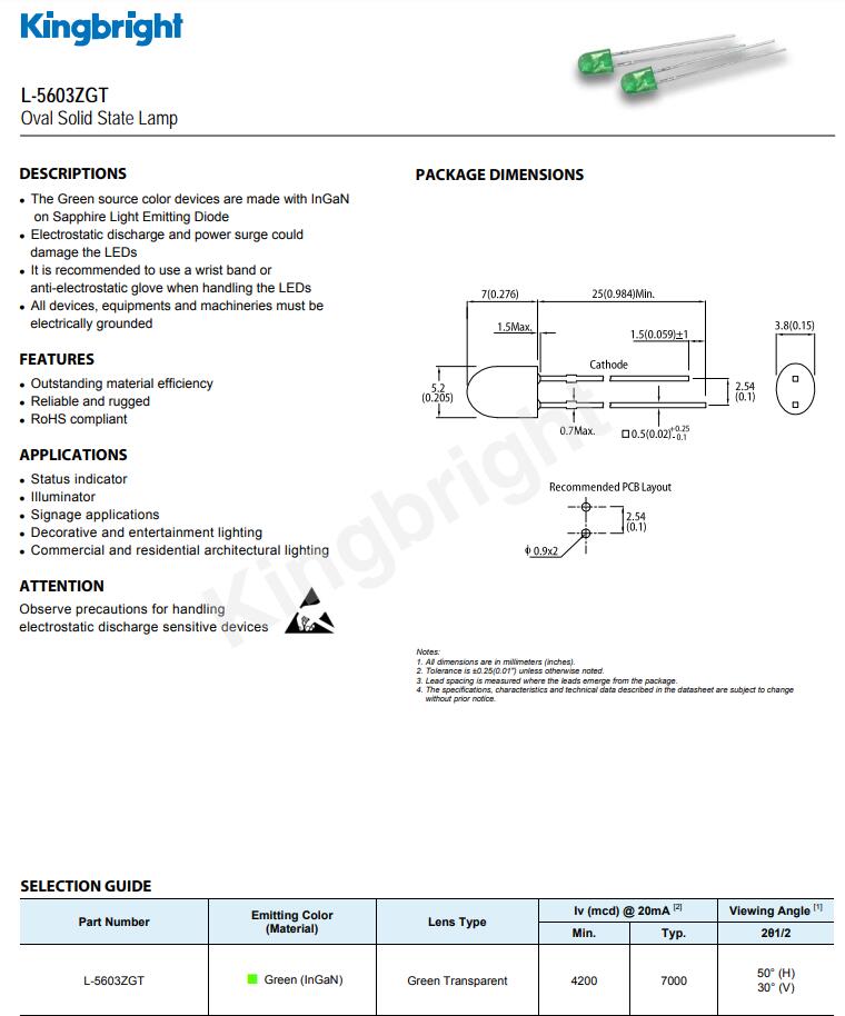 L-5603ZGT Kingbright今臺發(fā)光二極管LED lamps