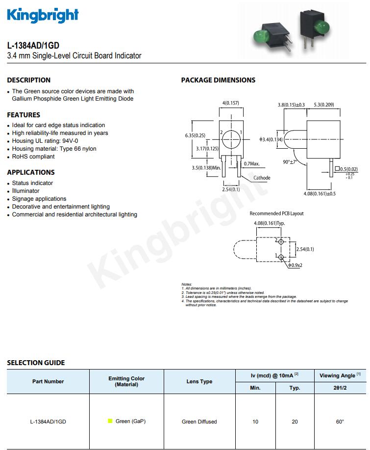 L-1384AD/1GD Kingbright Single-Level CBI（今臺LED電路板指示器）