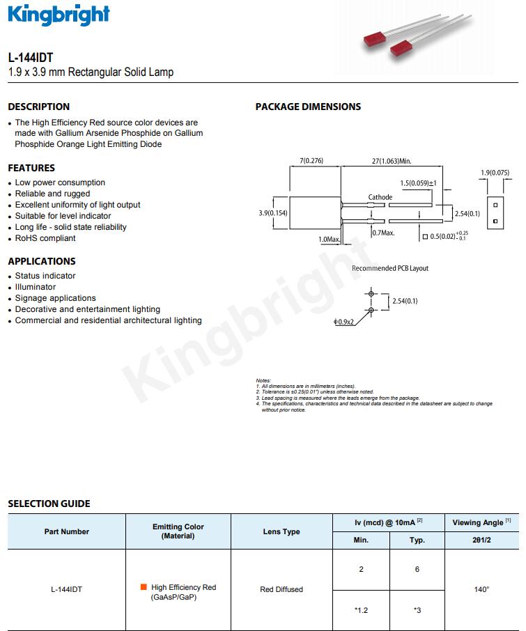 L-144IDT Kingbright Through-Hole LED今臺插件式LED燈發(fā)光二極管