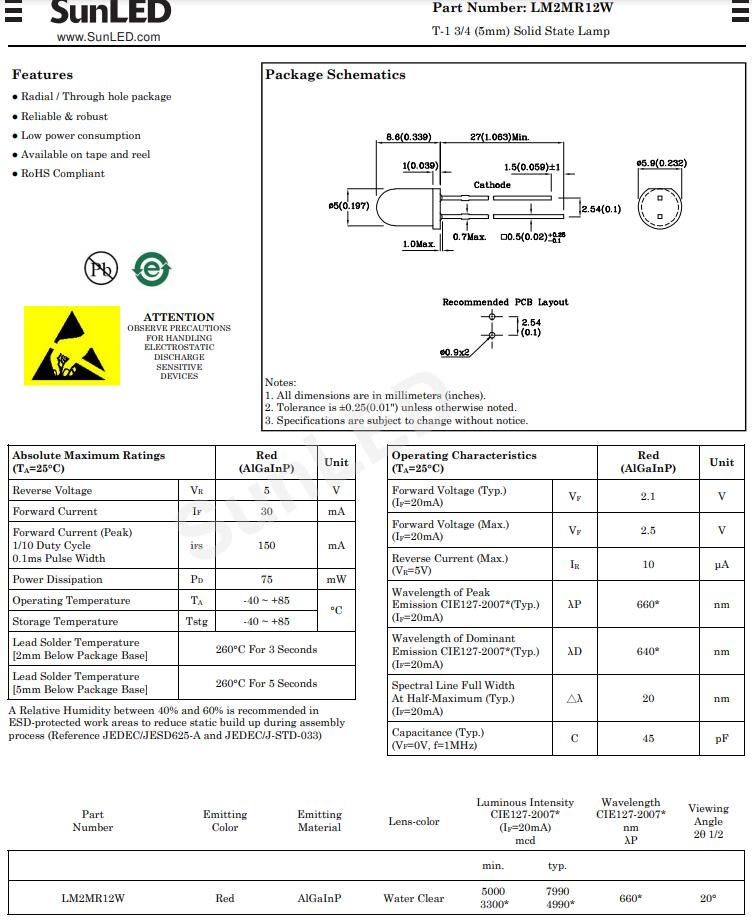 LM2MR12W Sunled插件式LED發(fā)光二極管